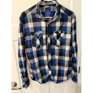 Clockhouse Mens Blue Black Plaid Flannel Button Down Shirt Long Sleeve Size L